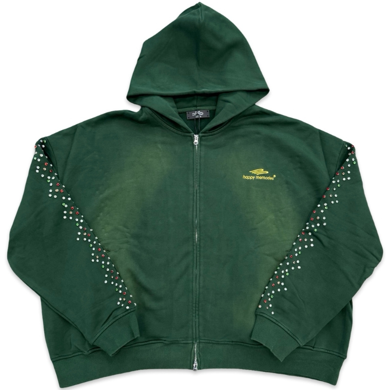 Happy Memories Don't Die (HMDD) Crystal Zip Up Hoodie Washed Green Bean Apparel
