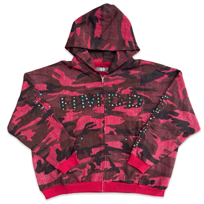 Happy Memories Don't Die (HMDD) Chimstone Crystal Zip Up Hoodie Red Camo Apparel