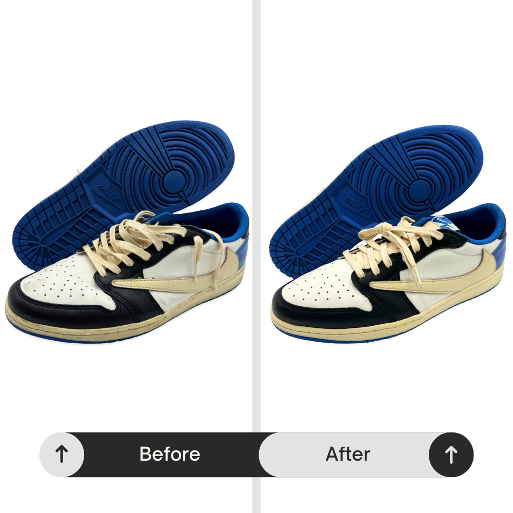 Jordan 1 Low Travis Scott Fragment sneakers after Tier 2 deep cleaning showing thorough steam cleaning and interior lint removal