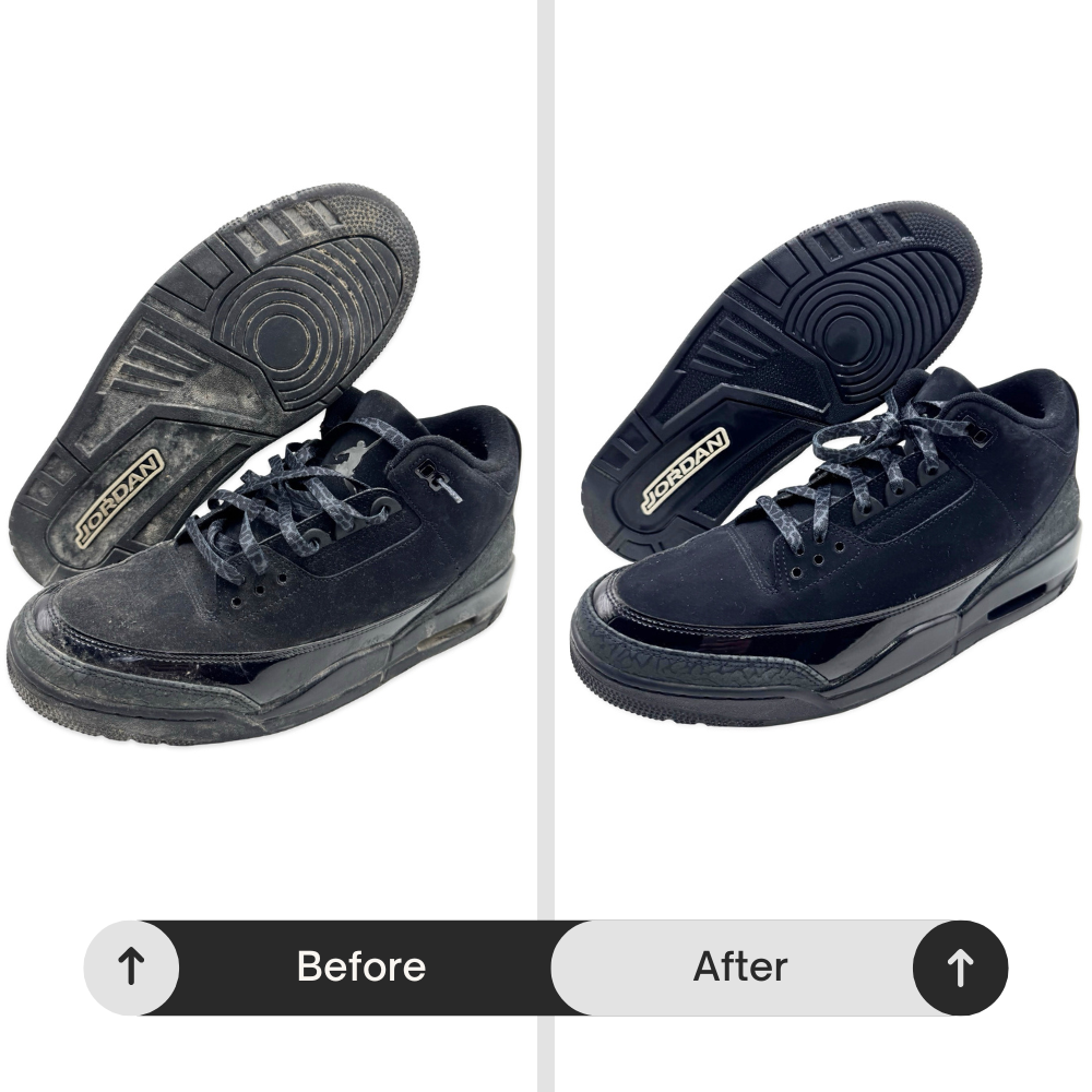 Jordan 3 Black Cat sneakers after Tier 3 premium cleaning showing comprehensive deep steam cleaning, deodorizing, and interior lint removal