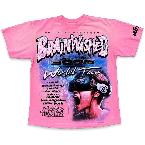 Hellstar Brainwashed World Tour T-Shirt Pink nike shox bomber basketball shoe rack for sale