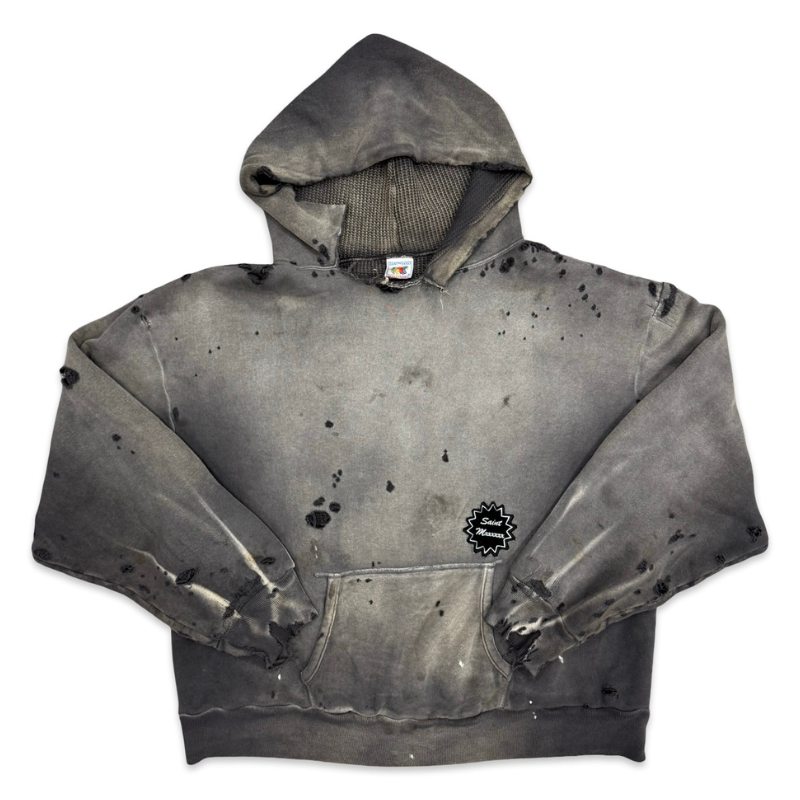 Saint Mxxxxxx (Saint Michael) Distressed Detail Hoodie Washed Grey Apparel