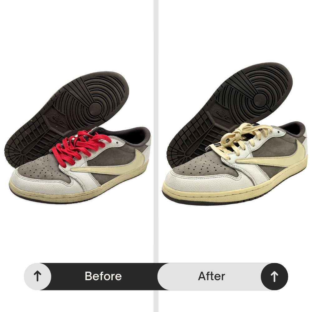 Jordan 1 Low Travis Scott Reverse Mocha sneakers after Tier 1 basic cleaning showing hand-cleaned upper and steamed midsole, outsole, and laces