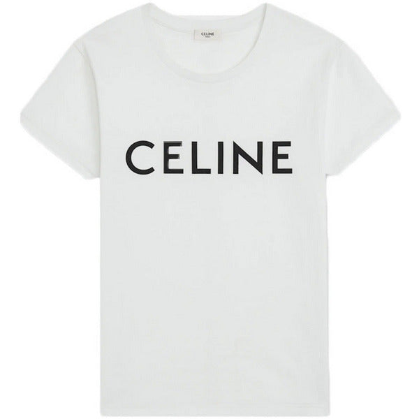 Celine Cotton T-shirt White/Black Elegante billetera Celine de tejido Triomphe marrón y de cuero marrón