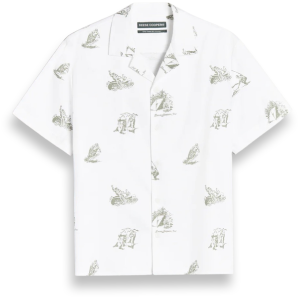 Reese Cooper Camping Print Short Sleeve Button Down Shirt White Shirts & Tops