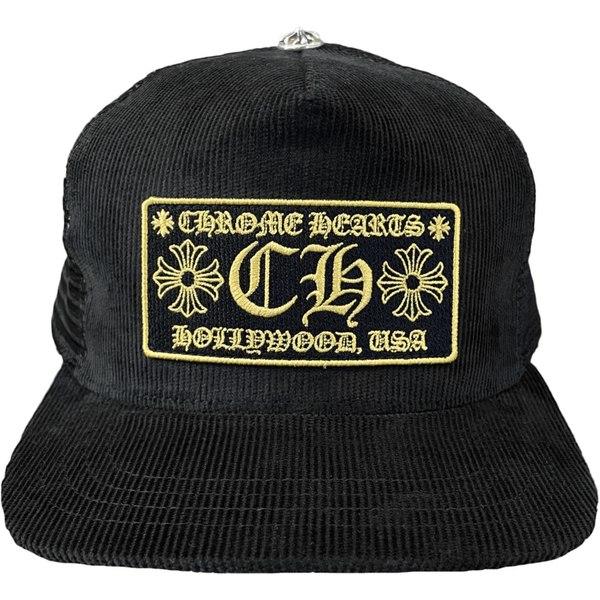 Chrome Hearts CH Hollywood Corduroy Trucker Hat Black/Gold Hats